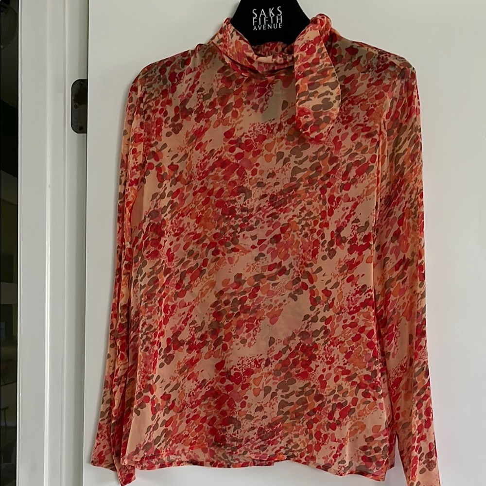 Dana Buchman Beige and Orange Sheer Long Sleeve Tie Front Blouse size 10